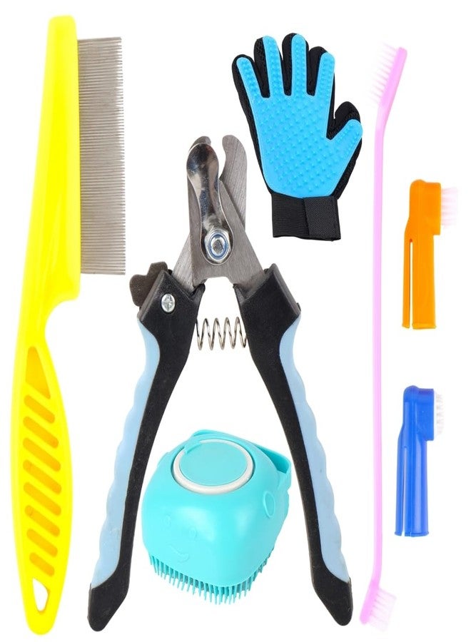 مجموعة أدوات العناية الاحترافية بالحيوانات الأليفة مع مقص أظافر، وفرش، وقفاز لإزالة الشعر الزائد، ومشط معدني، باللونين الأزرق والأسود، للكلاب (عبوة من 5 قطع) - Image 1